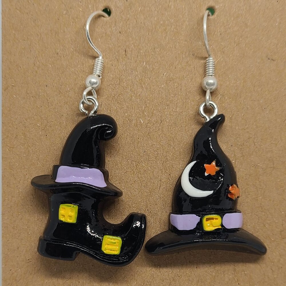 Handmade Witch's Boot & Witch's Hat Dangle Earrings NWOT Ladies Halloween Party